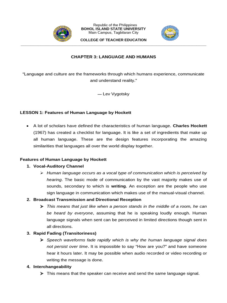 Features of Human Language Explained | PDF | Semiotics | Communication