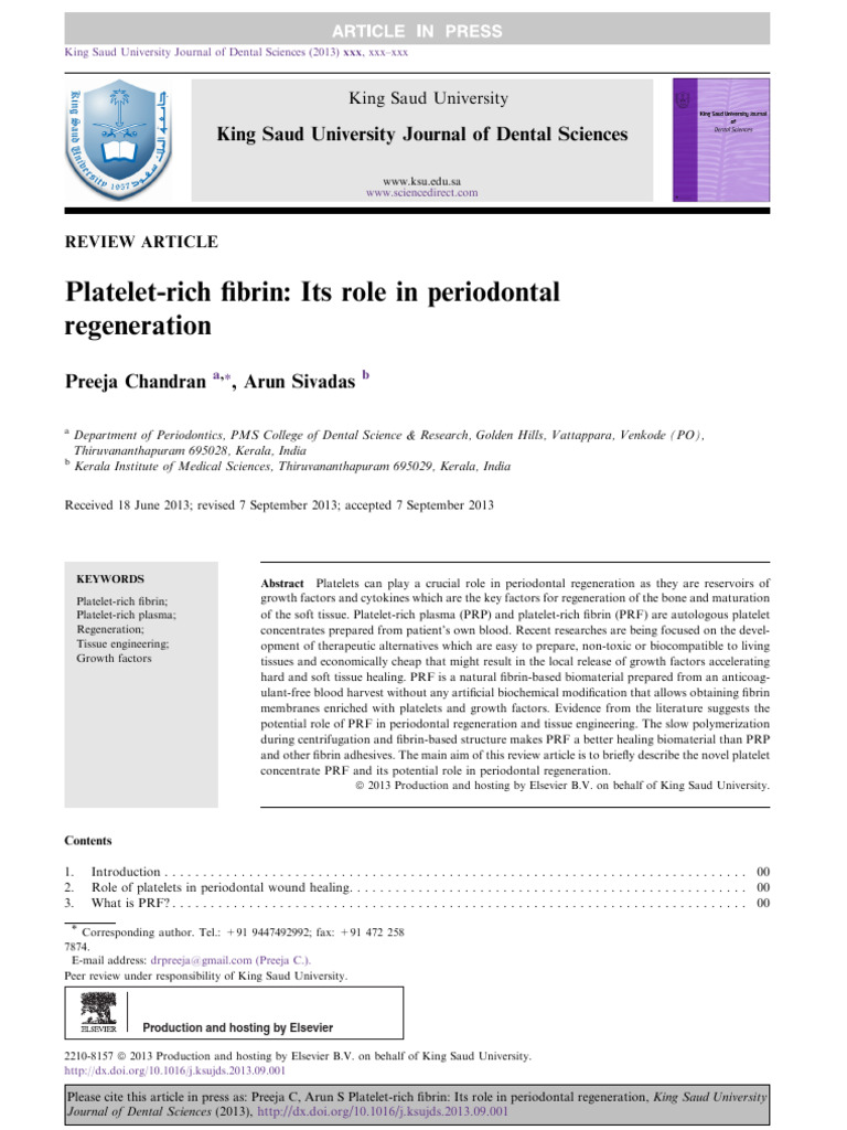 Platelet-Rich Fibrin Its Role in Periodontal Regen | PDF | Platelet ...