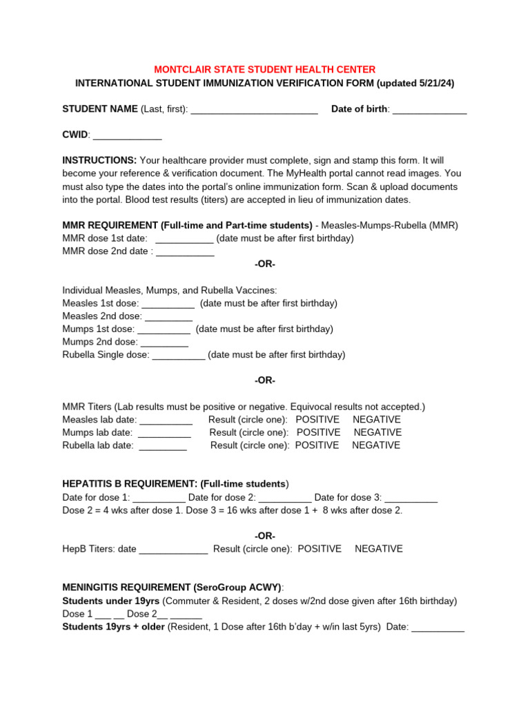 Montclair State Immunization Form | PDF | Medical Specialties | Pediatrics