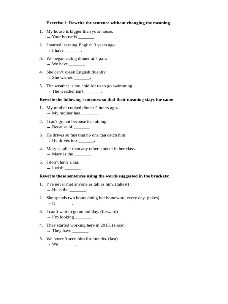 Sentence Rewriting Exercises for English | PDF