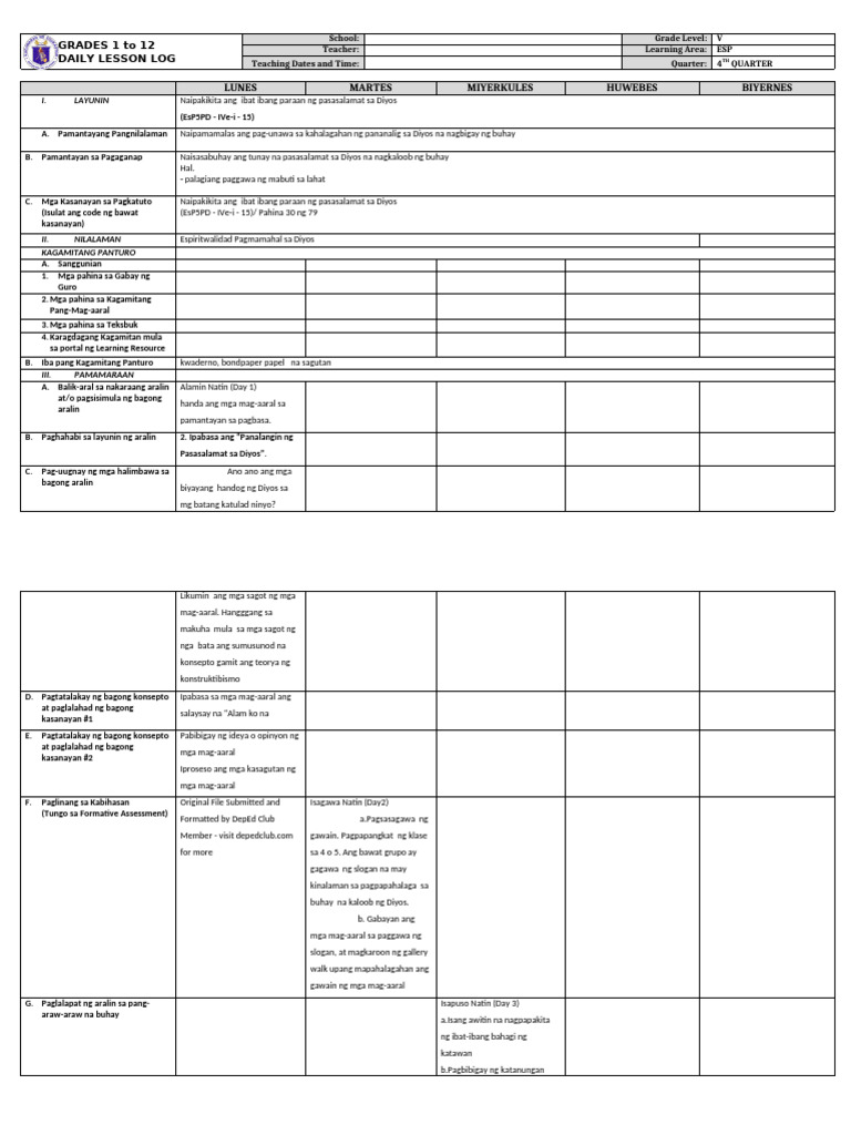 DLL - Esp 5 - Q4 - W5 | PDF | Differentiated Instruction | Teachers