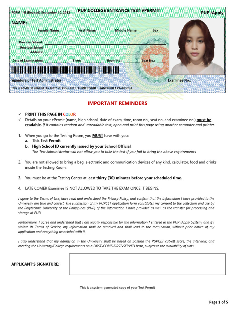 PUP College Entrance Test ePermit 2025 | PDF