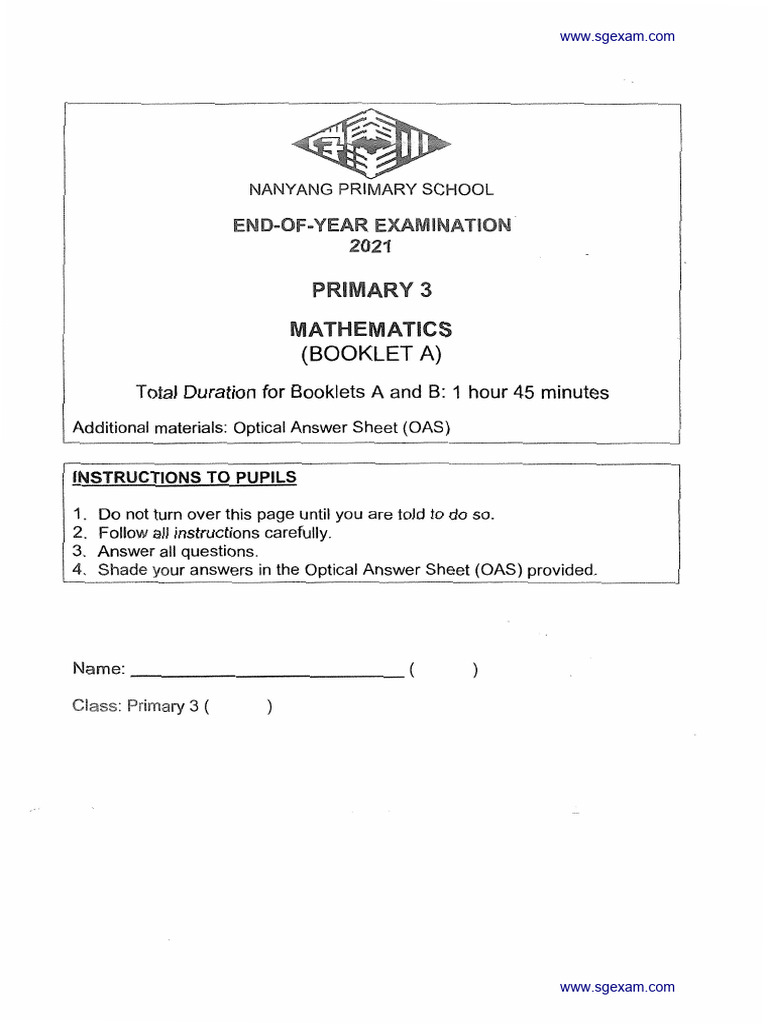 2021 P3 Maths End Of Year Exam Nanyang 2 Pdf