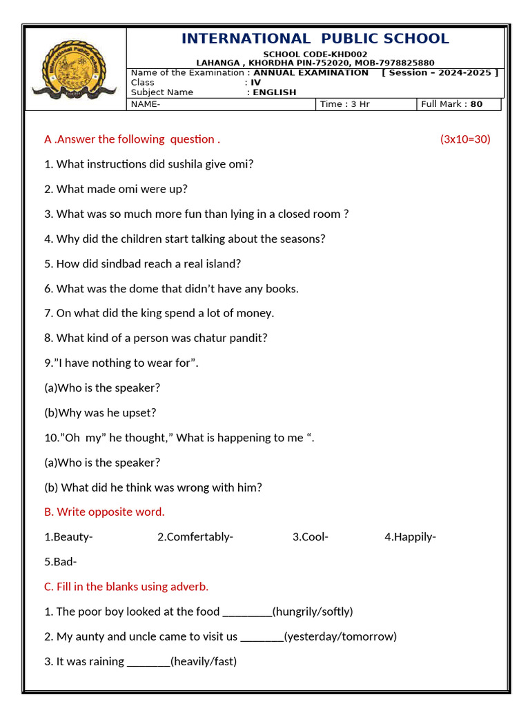 Class 4 English Annual Exam Paper 2024 | PDF