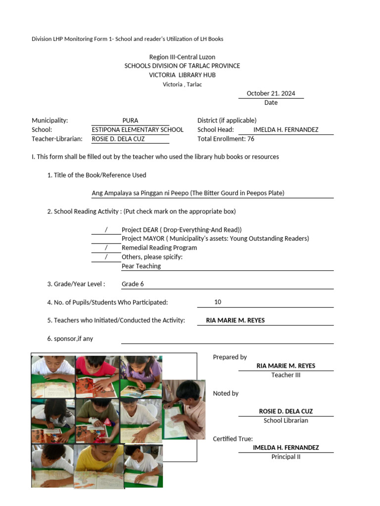 Grade 6 VENUS Library Hub Monitoring ForM | PDF