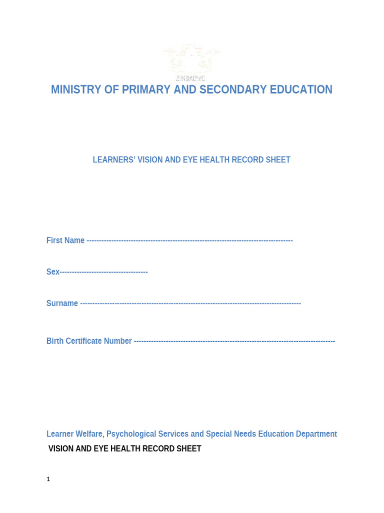 Vision and Eye Health (Corrected) Record Sheet | PDF | Visual ...