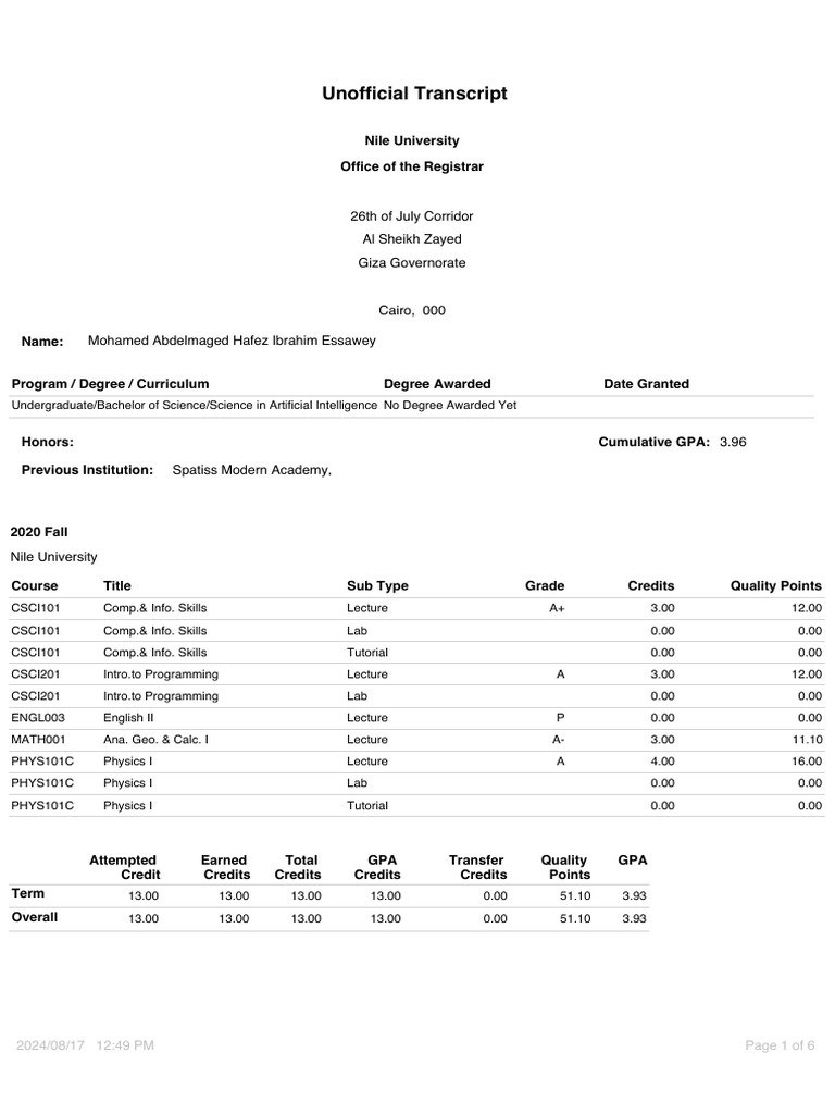 Nile University Unofficial Transcript | PDF | Discrete Mathematics ...
