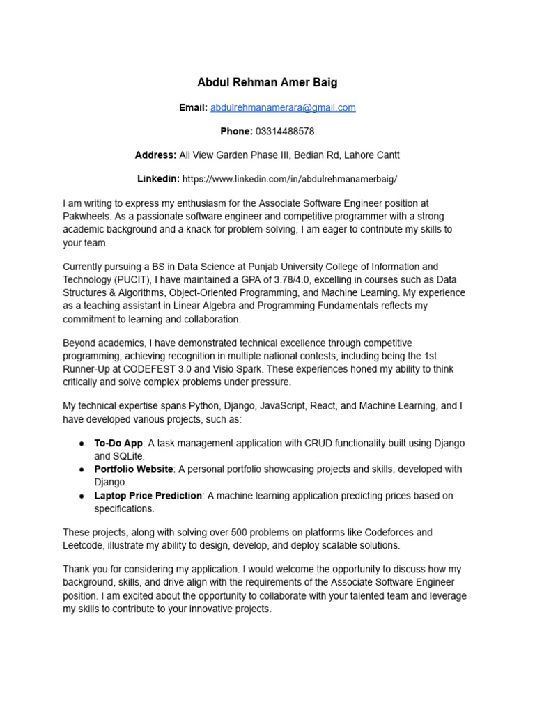 Associate Software Engineer Application | PDF