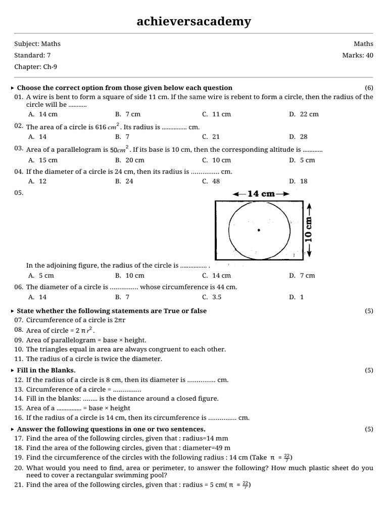 7th Grade Maths Chapter 9 Practice Questions | PDF | Area | Circle