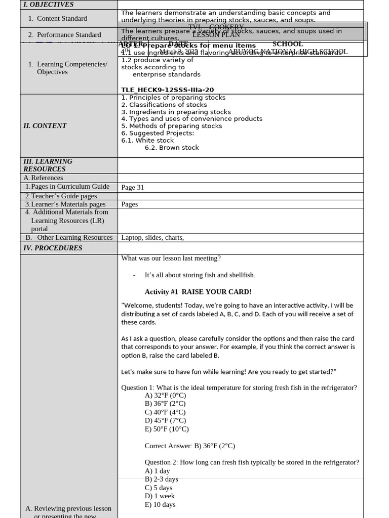Grade 11 Cookery Lesson Plan: Stocks | PDF | Lesson Plan | Human ...