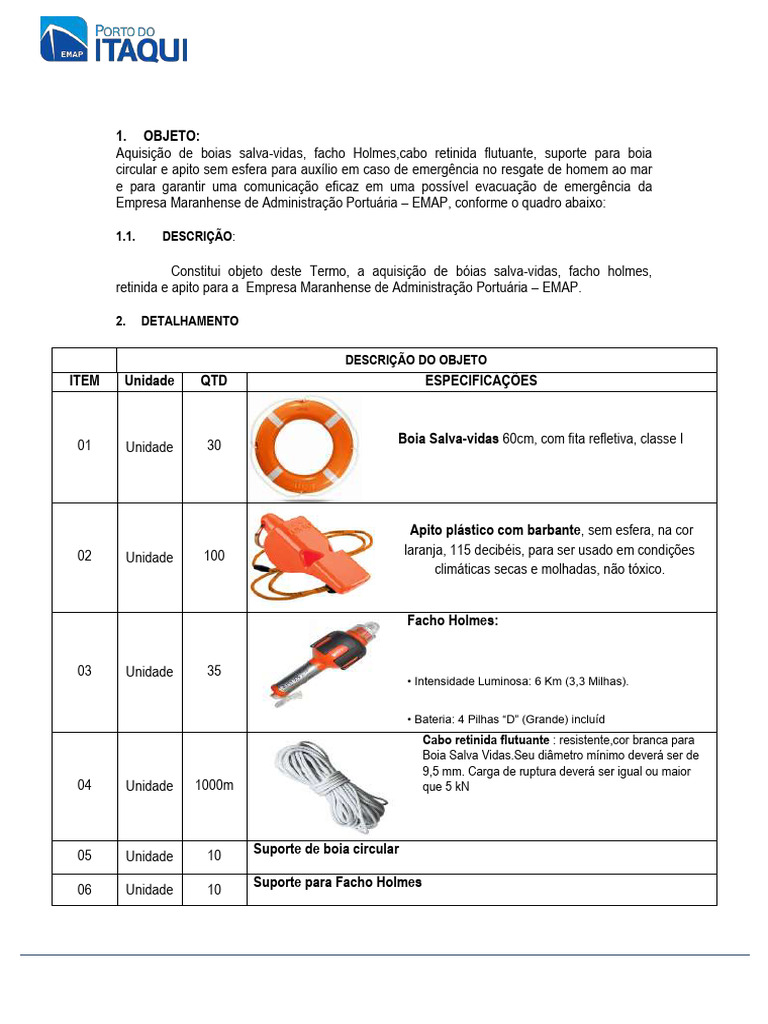 COTAÇÃO ELETRÔNICA - boias salva-vidas, facho Holmes,cabo retinida ...
