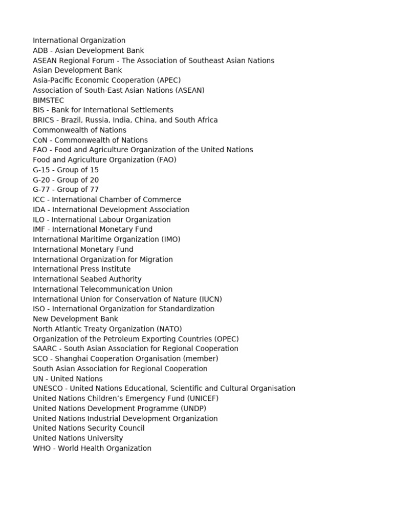 List of International Organizations | PDF | Asian Development Bank ...