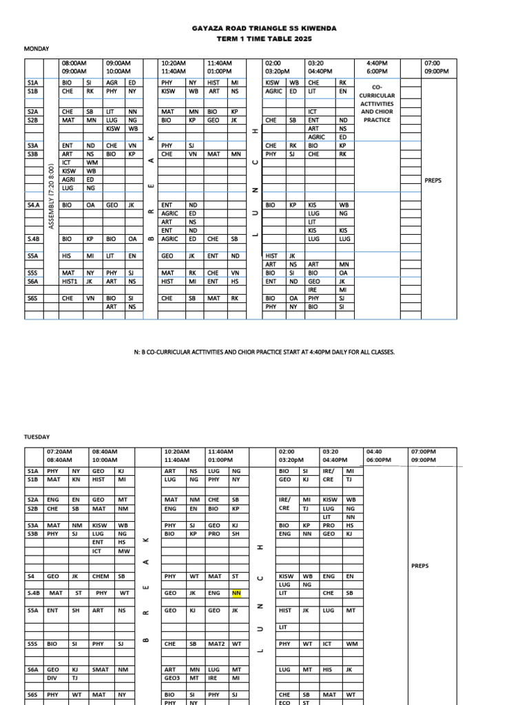 Gayaza Road Triangle SS Term 1 Timetable 2025 | PDF