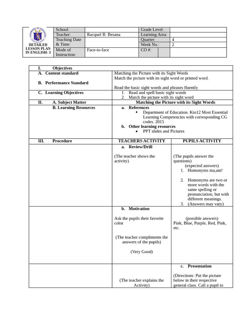 Lesson Plan: Matching Sight Words | PDF | Lesson Plan | Teachers