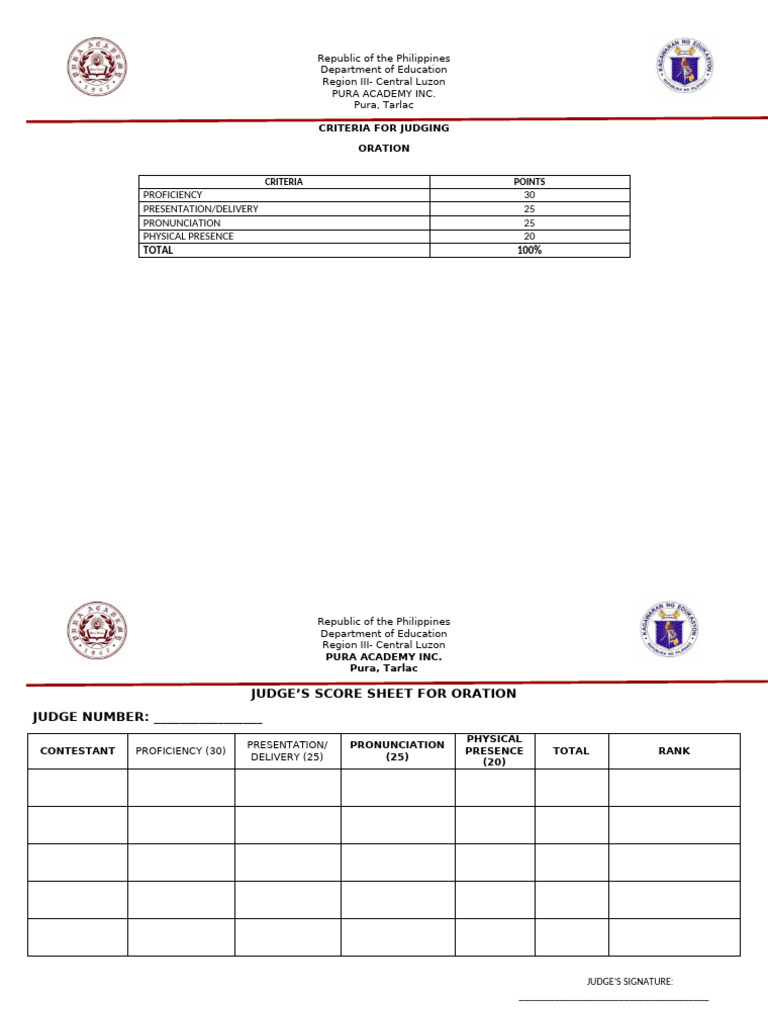 Oration Judging Criteria and Score Sheet | PDF