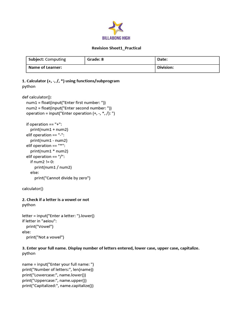 Python Computing Exercises for Grade 8 | PDF | Letter Case | Computer ...
