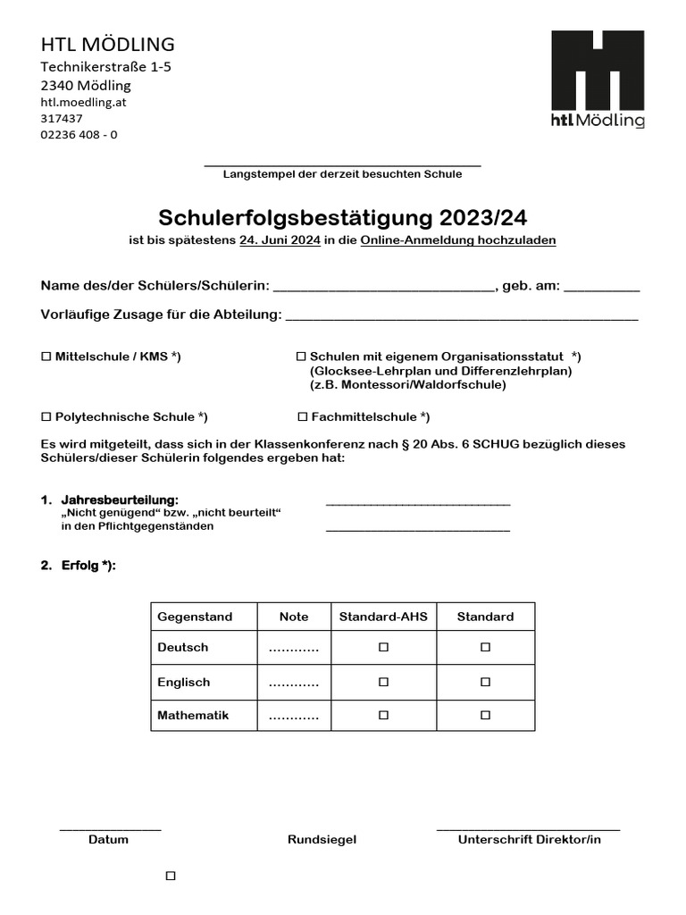 HTL-MD Schulerfolgsbestätigung Leerformular Anmeldung Schuljahr 2024 25 ...