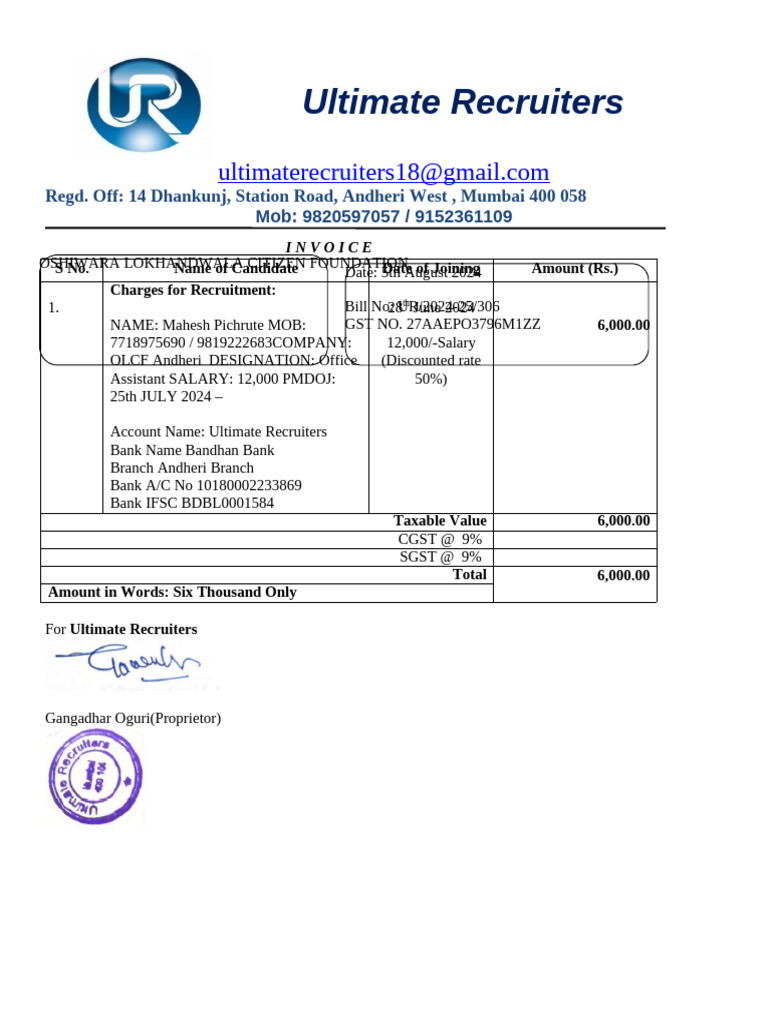 Recruitment Invoice for Mahesh Pichrute | PDF