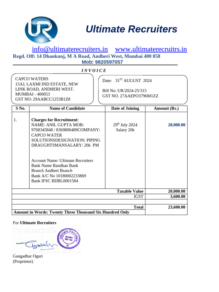 315 Capco Waters Invoice For MR Anil Gupta | PDF