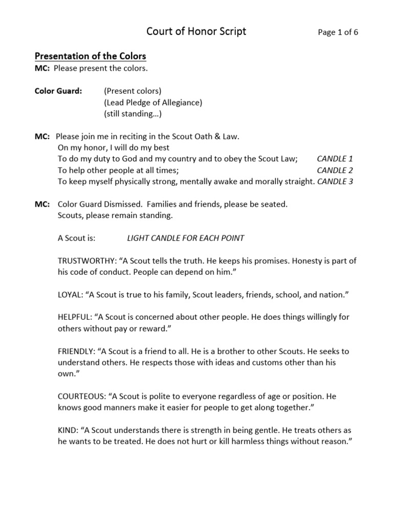 Court of Honor Ceremony Script | PDF | Scouting | Youth Movements