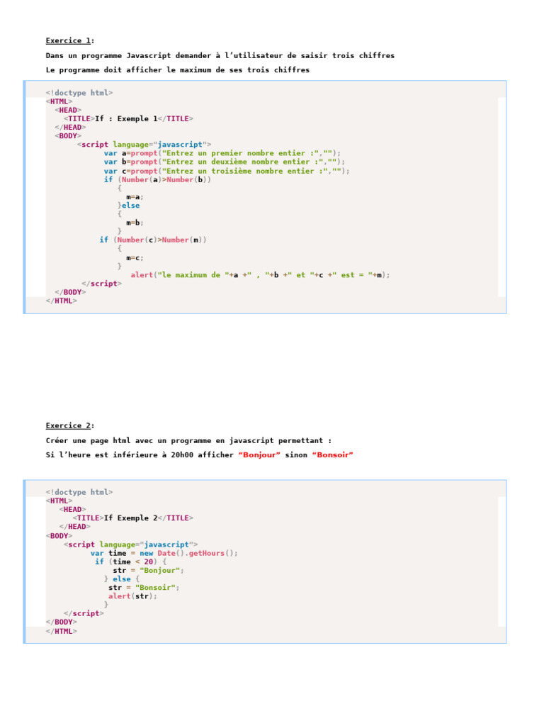 Exemples de scripts JavaScript basiques | PDF | JavaScript | Html