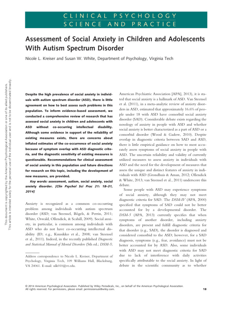 Assessment of Social Anxiety I | PDF | Autism | Mental Disorder