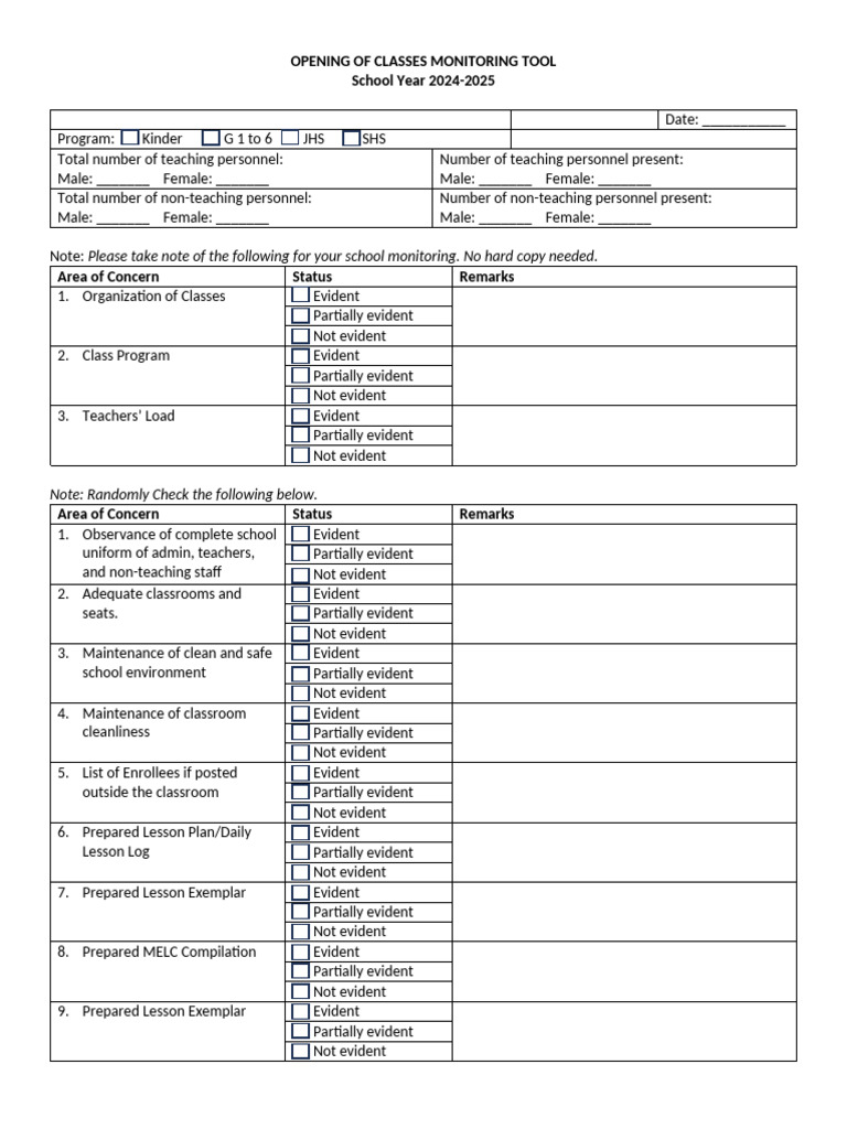 School Year 2024-2025 Class Monitoring Tool | PDF | Learning