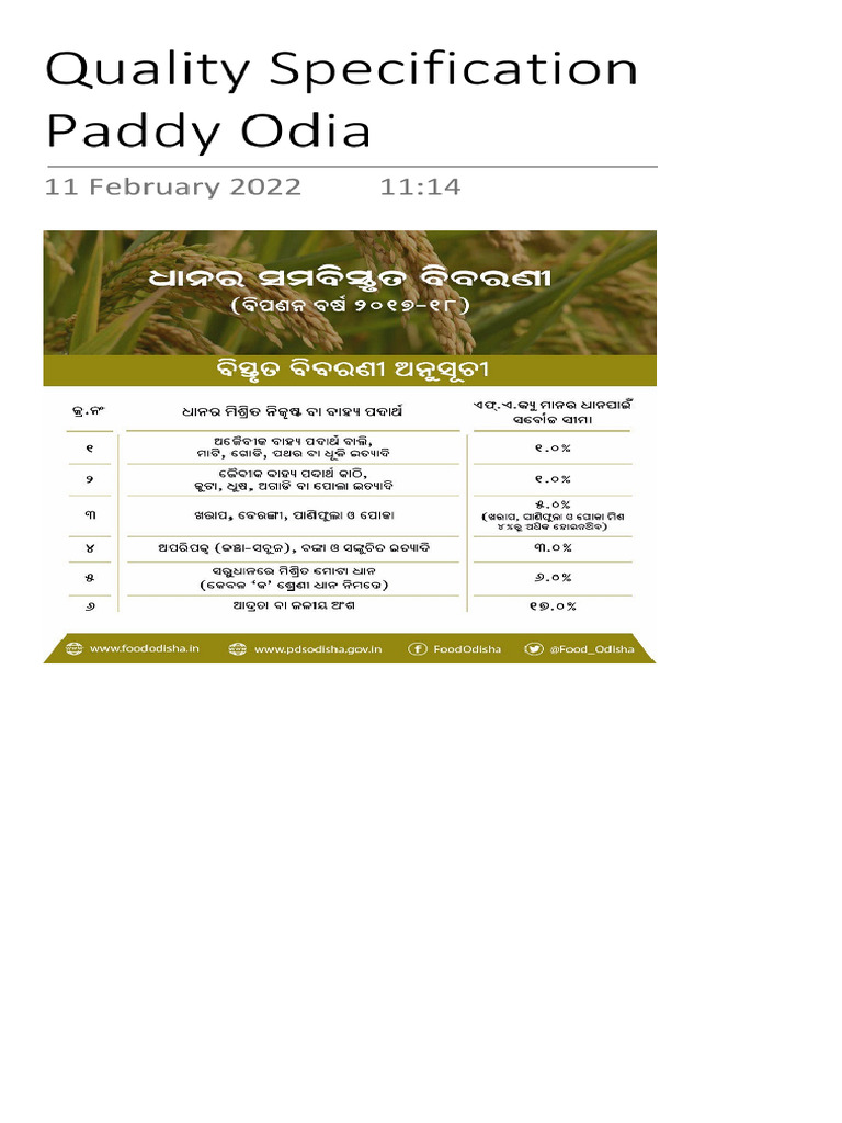Quality Specification Paddy Odia | PDF