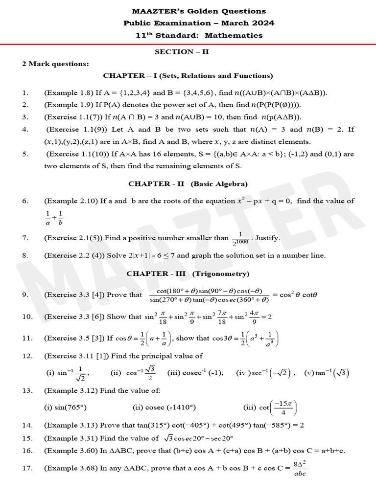 11th Maths Important Questions Guide | PDF | Mathematics