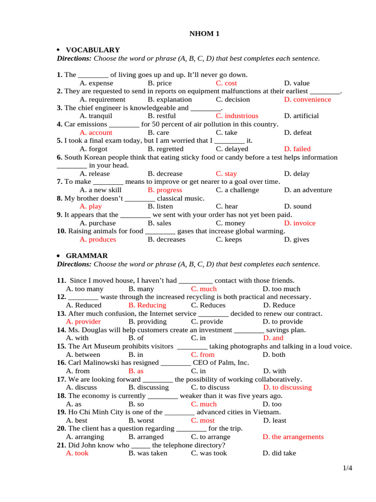Vocabulary and Grammar Practice Test | PDF