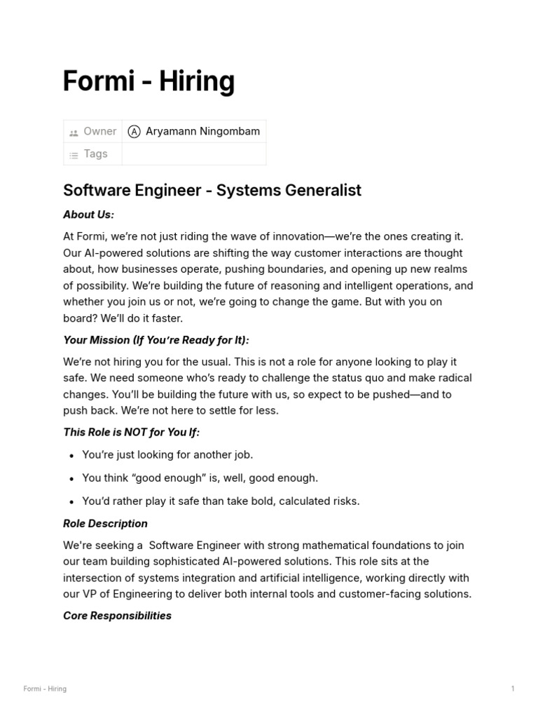 Software Engineer Position at Formi | PDF | Artificial Intelligence ...