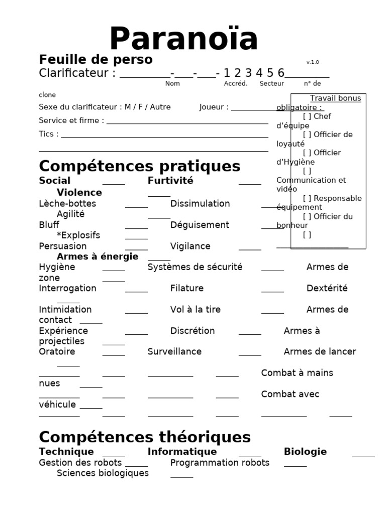 Feuille de personnage Paranoïa v1.0 | PDF