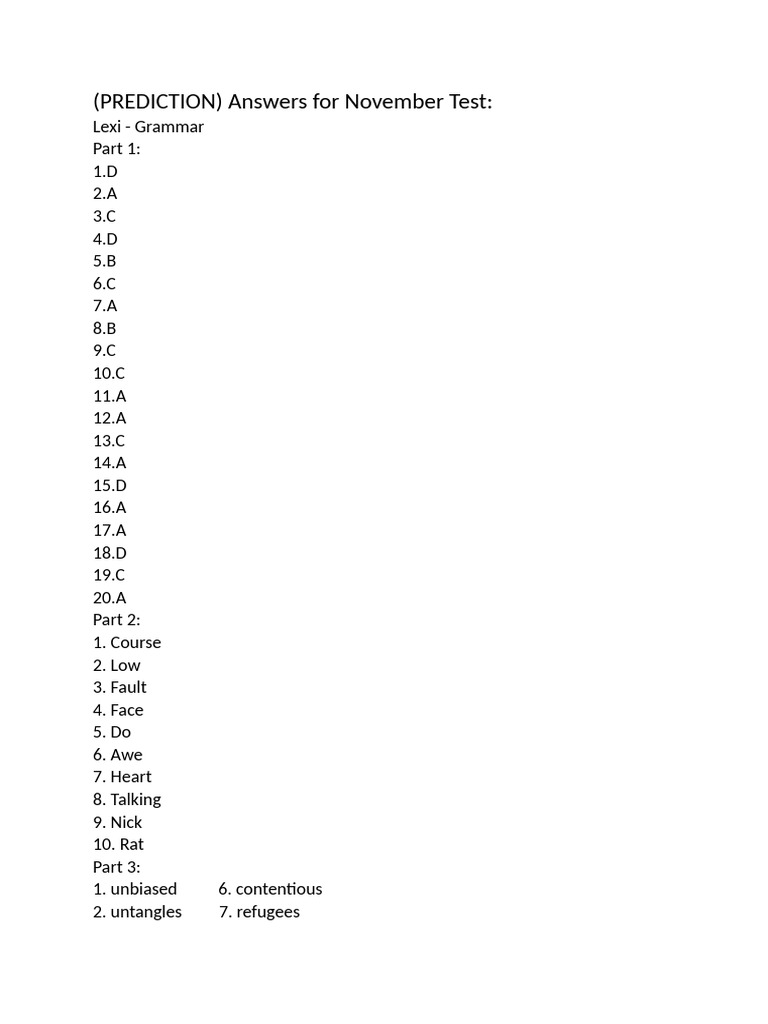 November Test Answers: Grammar & Reading | PDF