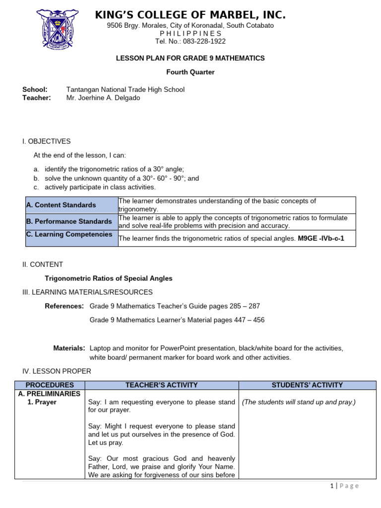 Grade 9 Trigonometry Lesson Plan | PDF | Triangle | Elementary Geometry