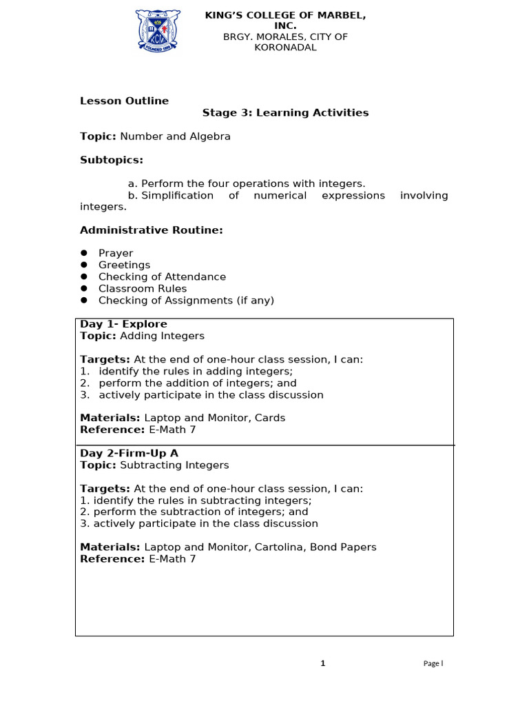 Grade 7 Integer Operations Lesson Plan | PDF | Prayer | Algebra