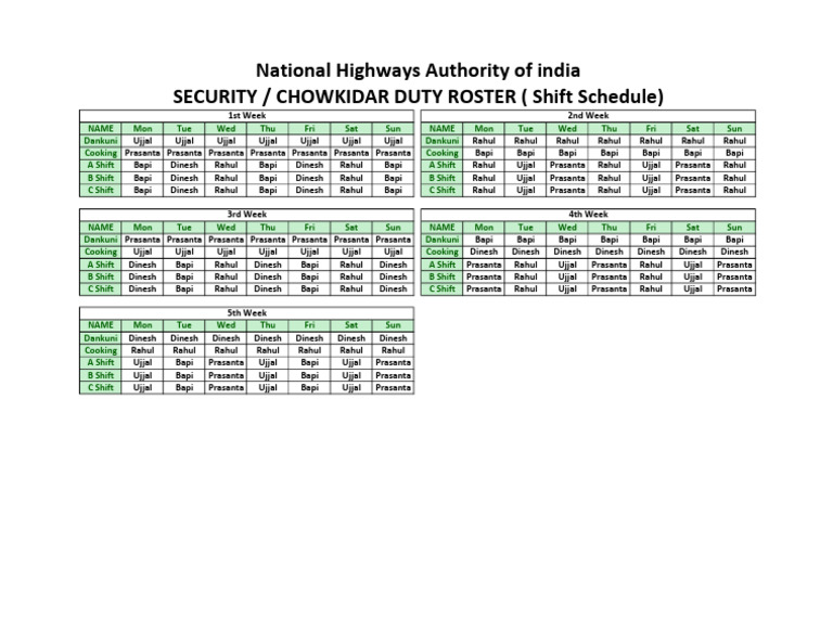 Security Duty Roster Schedule | PDF