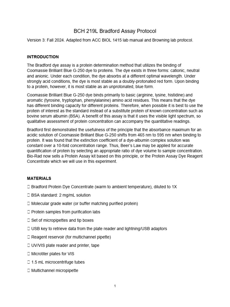 Bradford Assay Protocol for Protein Quantification | PDF | Detection ...