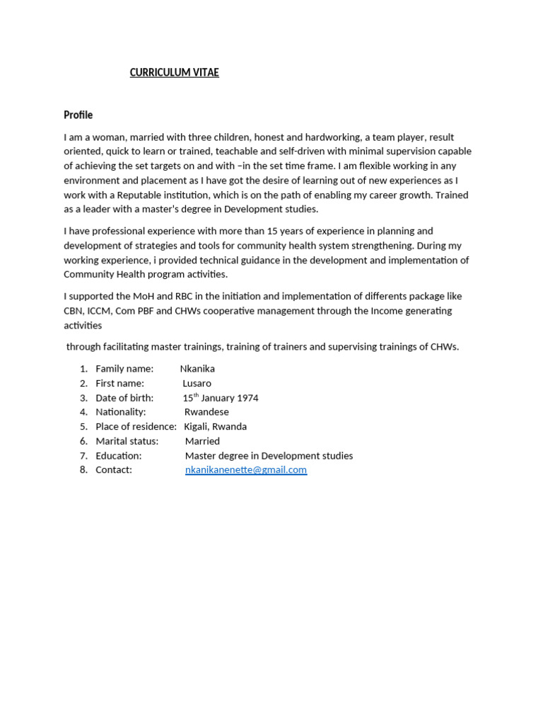 Community Health Expert CV | PDF | Rwanda