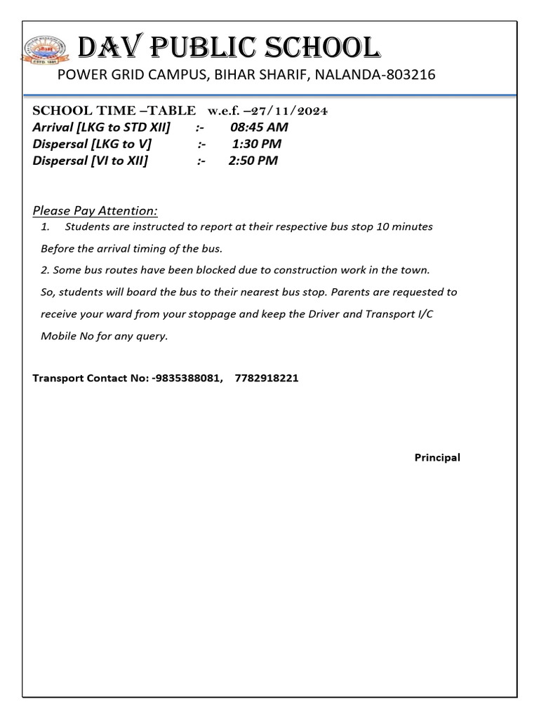 DAV Public School Bihar Sharif Bus Timetable | PDF | Bus Transport ...