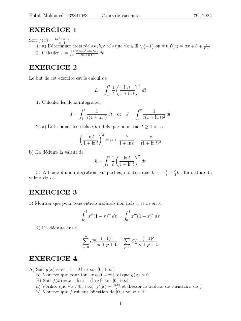 Exercices de mathématiques avancées 7C | PDF | Intégral | Tangente ...