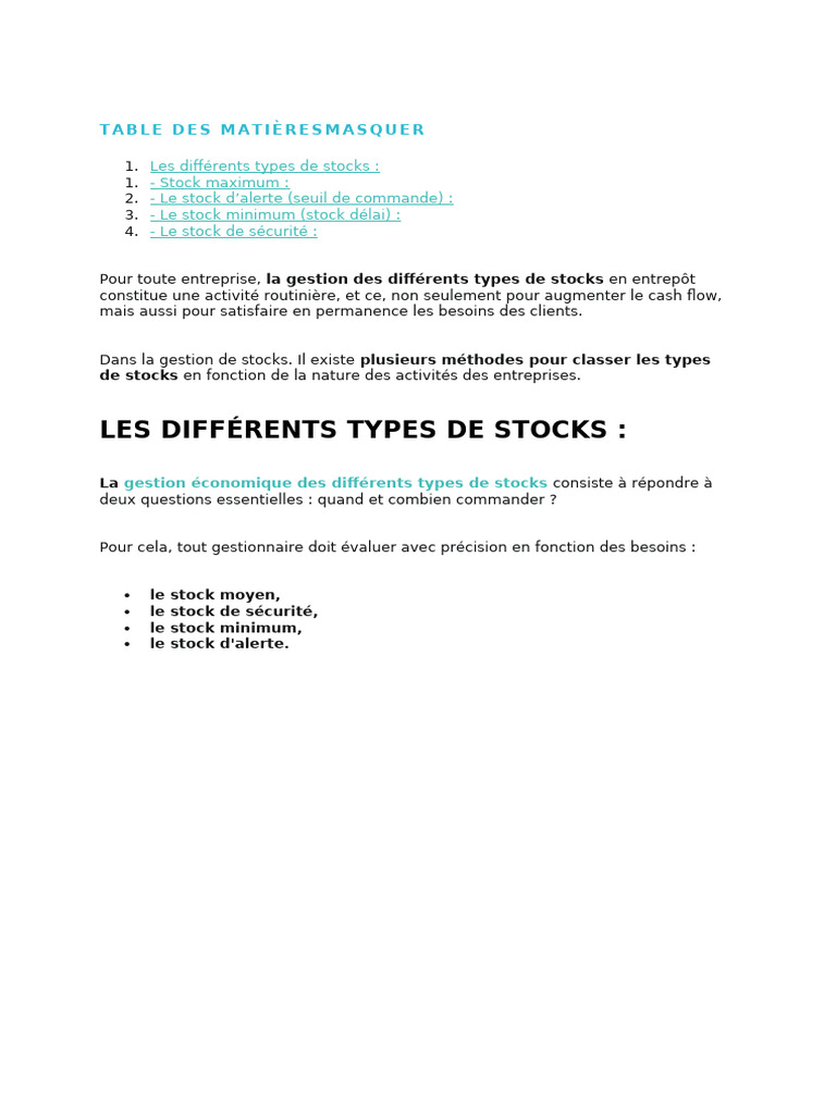 Types de stocks : Alerte, Minimum, Maximum | PDF | Stock | Business