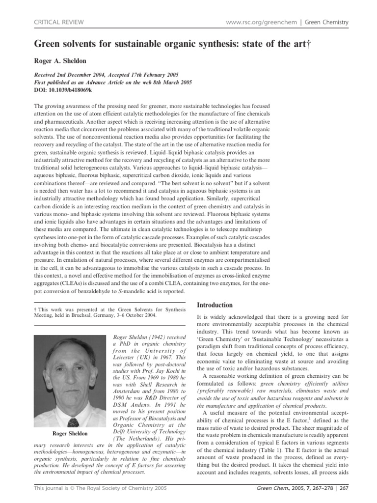 Green Solvents in Organic Synthesis | PDF | Catalysis | Chemistry