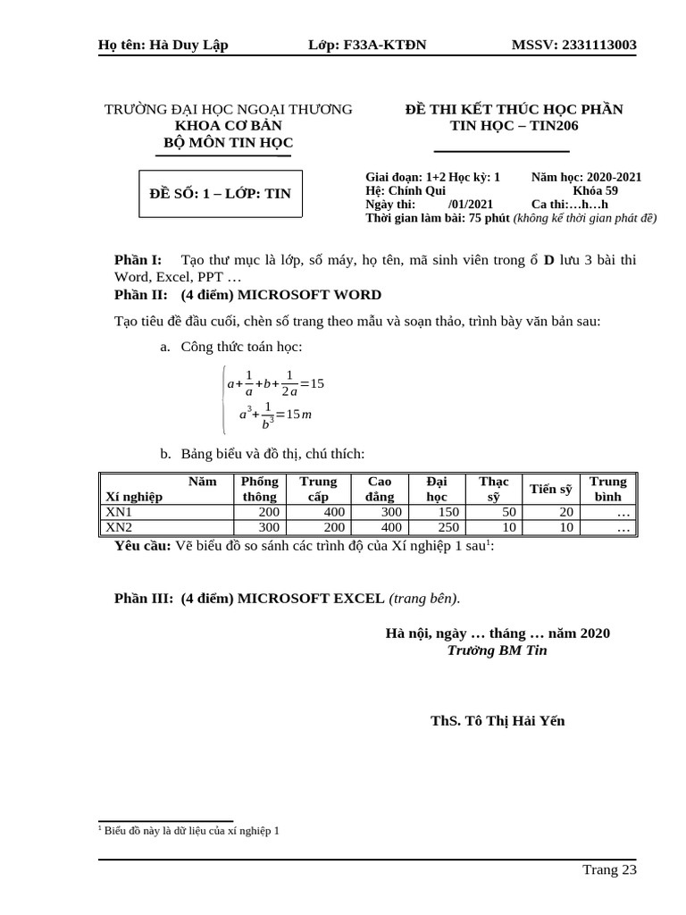 Đề tin học số 5 | PDF