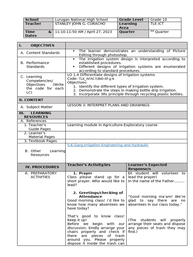 Lesson Plan Format For SHS With Learning Competency Code | PDF | Irrigation