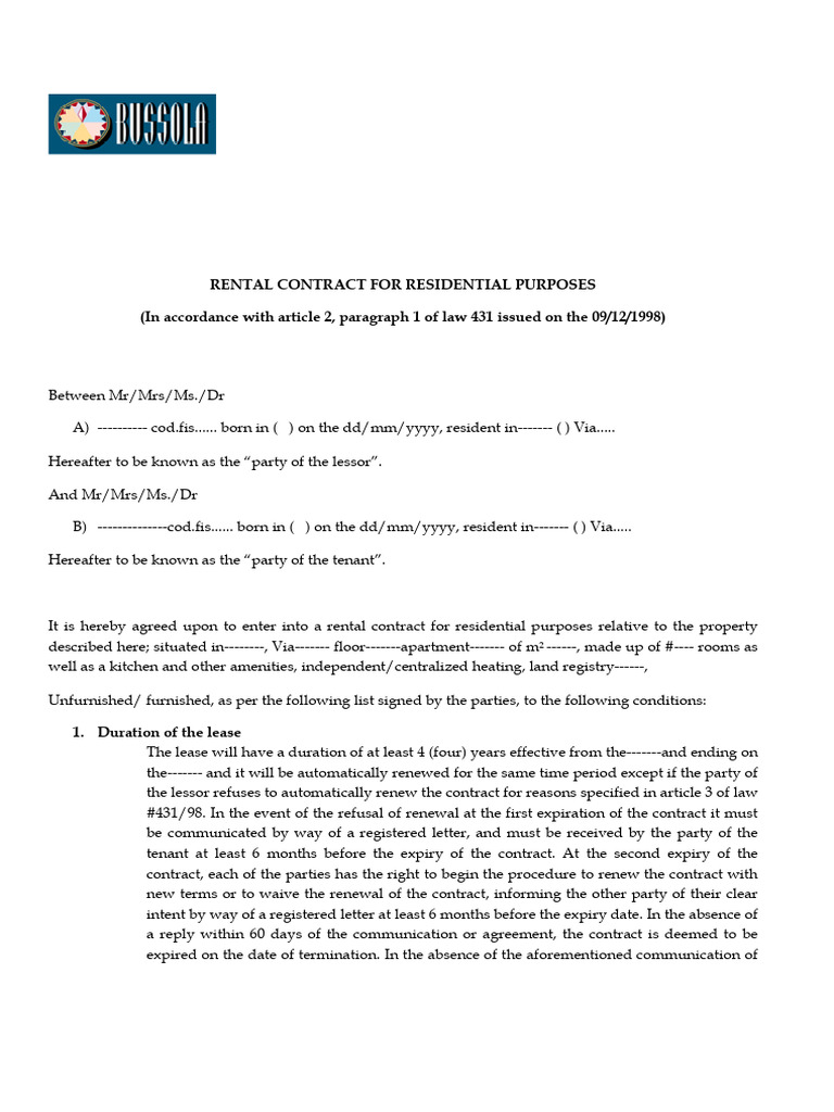 Italian Residential Rental Contract | PDF | Lease | Fee