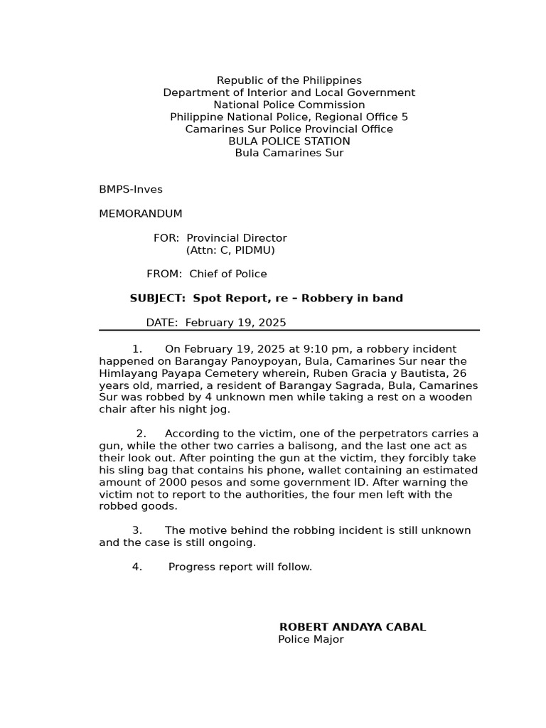 Robbery Incident Report in Bula, Camarines Sur | PDF | Deviance ...