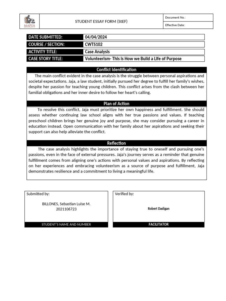 Case Analysis on Volunteerism and Purpose | PDF