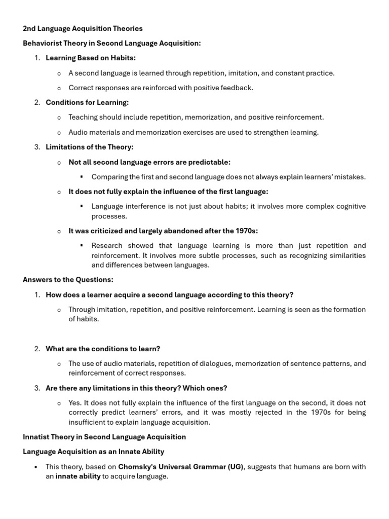 2nd Language Acquisition Theories Sumerary | PDF | Second Language ...