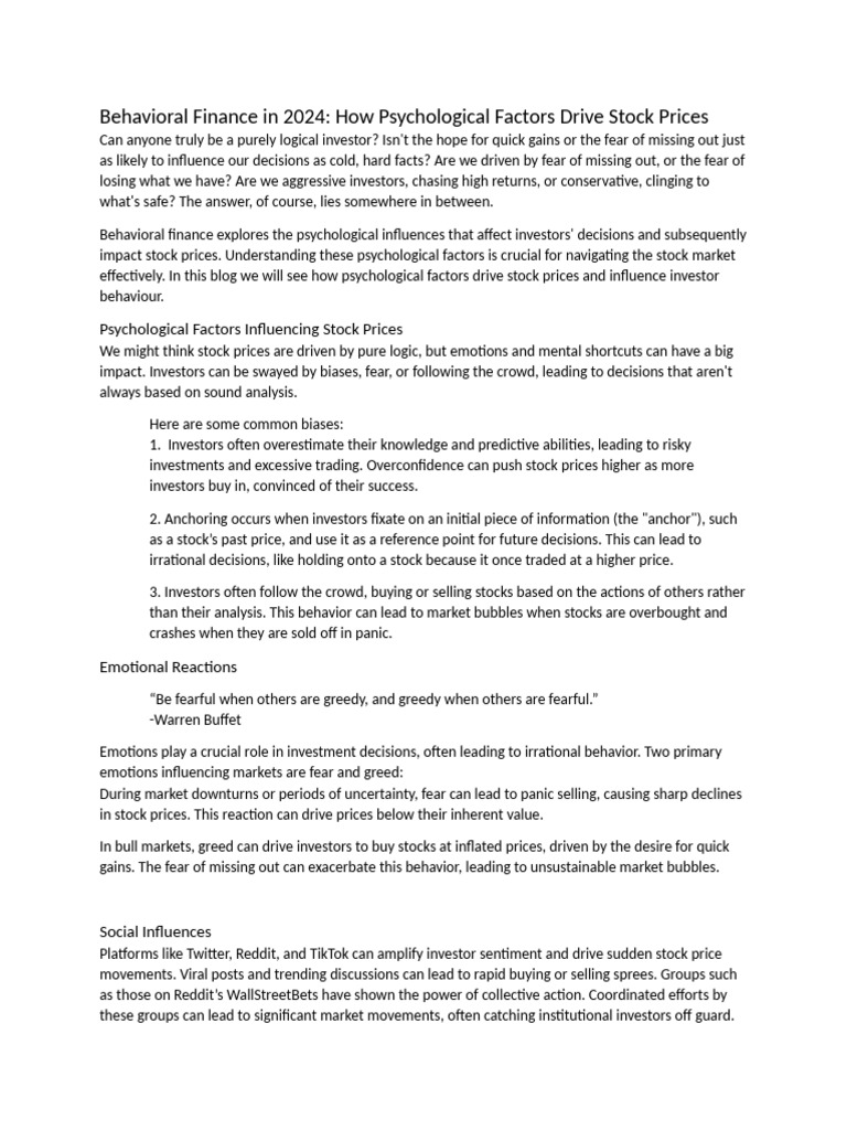 Psychology's Role in Stock Prices 2024 | PDF | Behavioral Economics ...