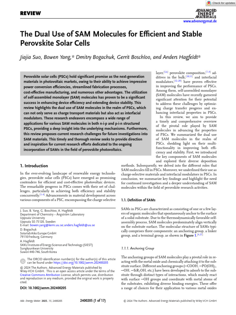 Advanced Energy Materials - 2024 - Suo - The Dual Use of SAM Molecules ...
